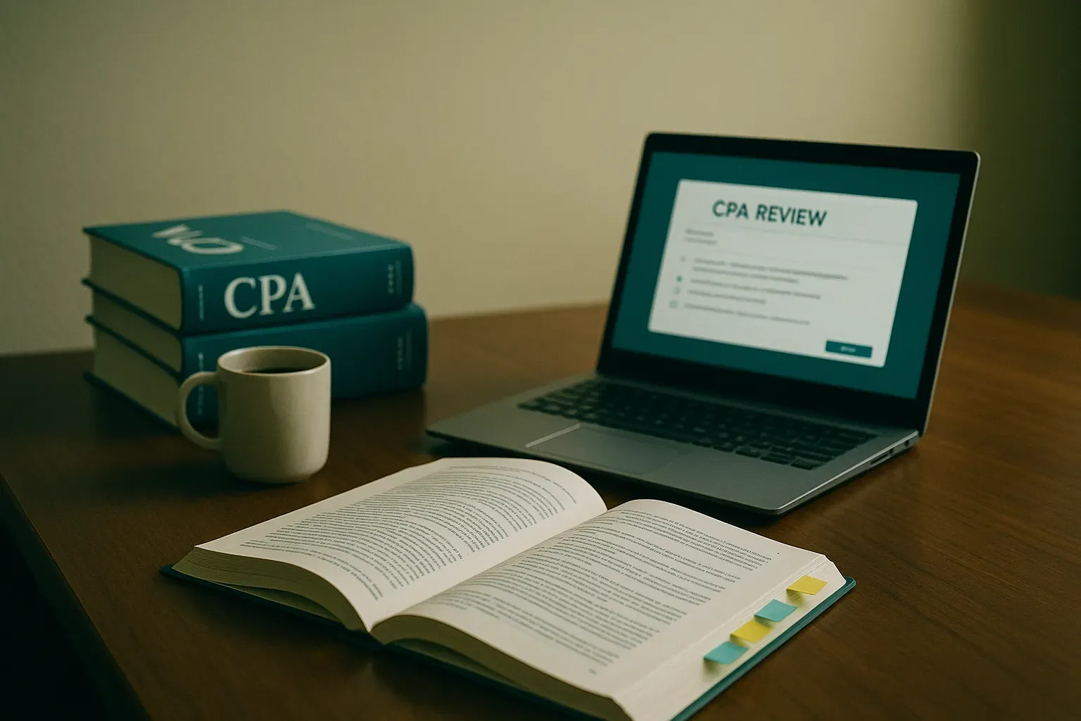 CPA study desk with a laptop showing review software and textbooks.