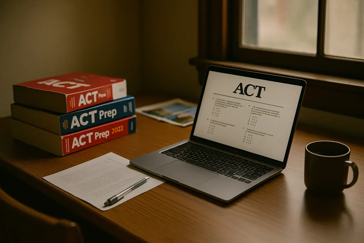 A desk with ACT prep materials and a laptop, illustrating study ambiance.