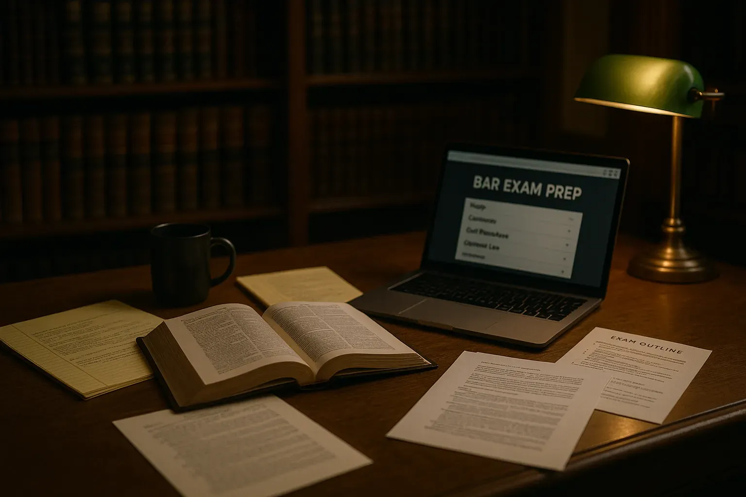 A study scene with bar exam prep materials and a laptop.