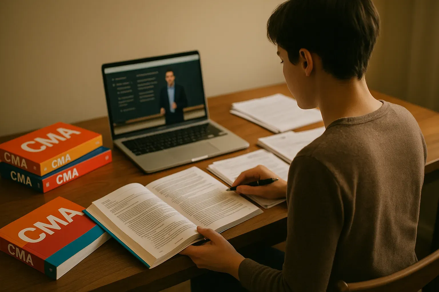Student reviewing CMA study materials with textbooks and laptop.