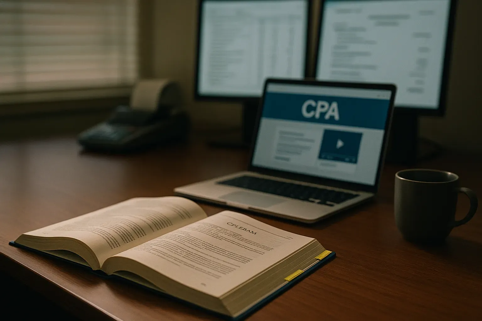 Study desk with CPA review materials and a laptop