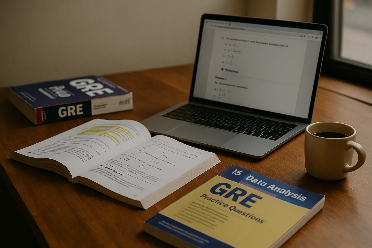 GRE prep materials and a laptop on a study desk.