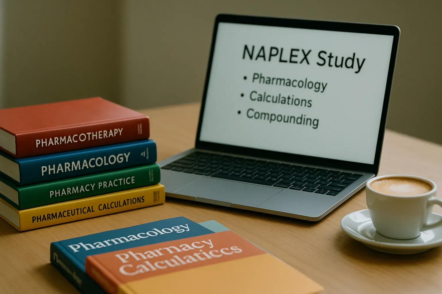 Pharmacy textbooks and a laptop displaying NAPLEX study material.