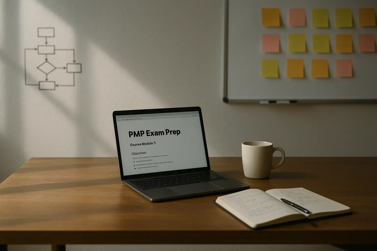 Desk with laptop displaying PMP exam prep course, notes, and coffee cup.