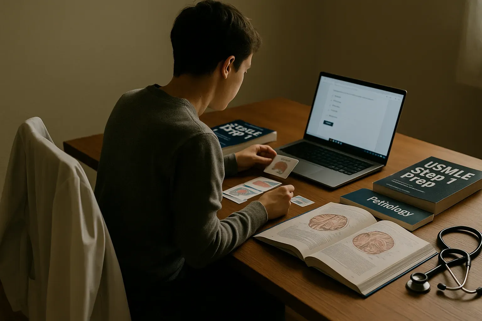 Medical student studying with USMLE Step 1 prep materials.