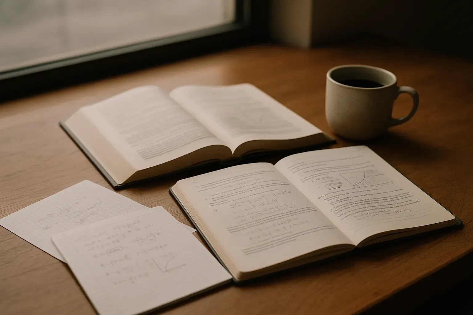 Desk with open textbooks and analytical notes, and a coffee cup.