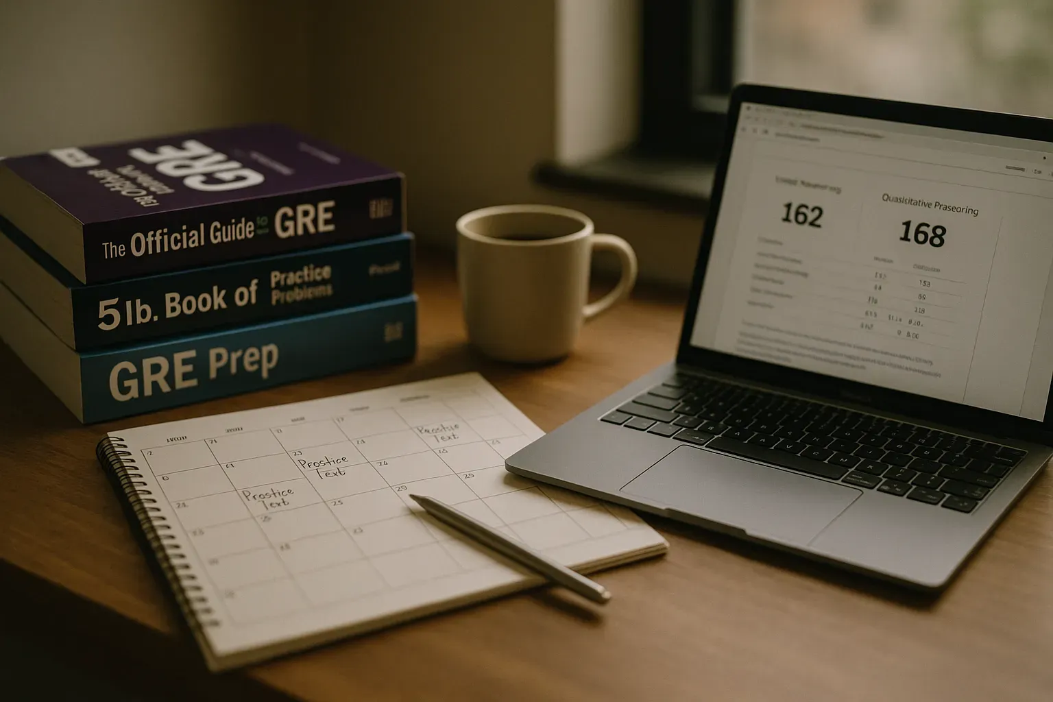 Study desk with GRE prep books, calendar, and laptop showing test results