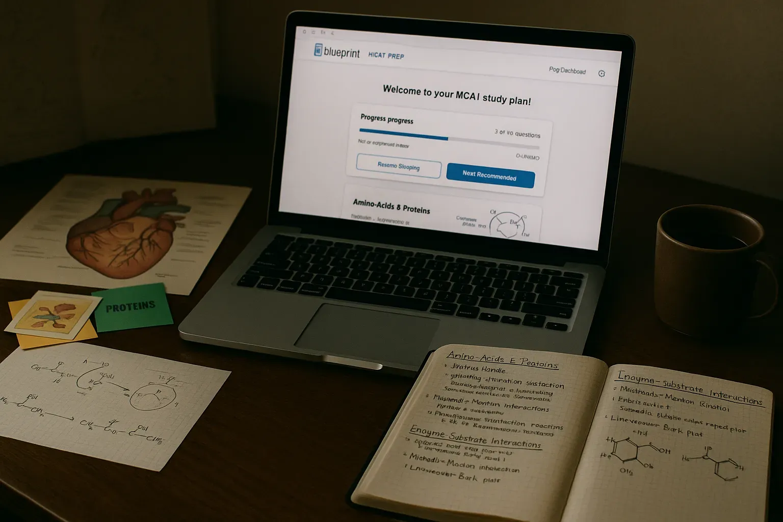 Laptop showing Blueprint MCAT prep next to study notes and coffee