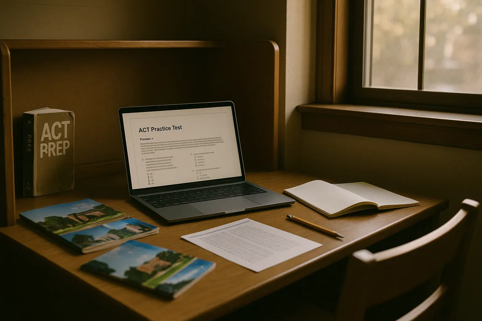 Laptop with ACT practice test, notebook, and pencil on a desk