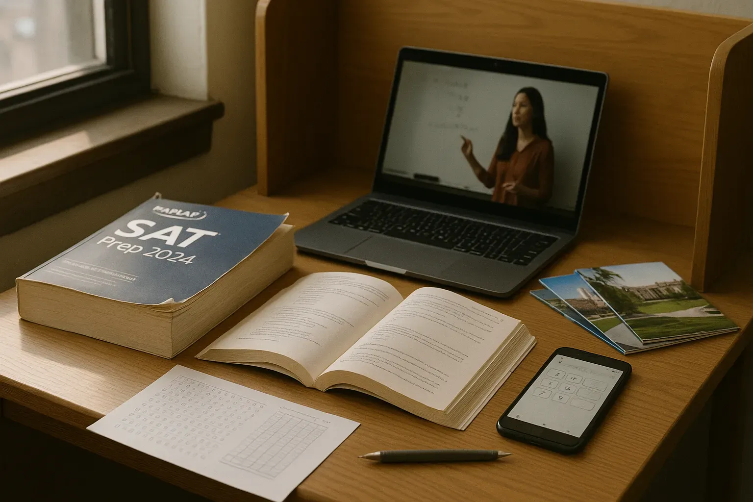 Desk with Kaplan SAT Prep book, laptop showing video lessons, and smartphone app.