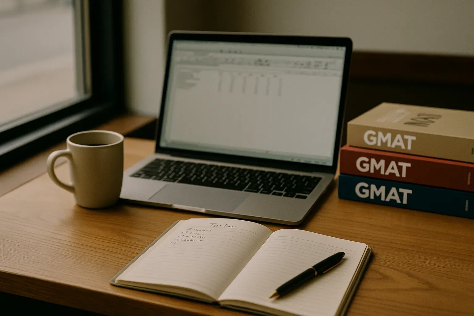 Neat desk with GMAT prep books, a laptop, and coffee.