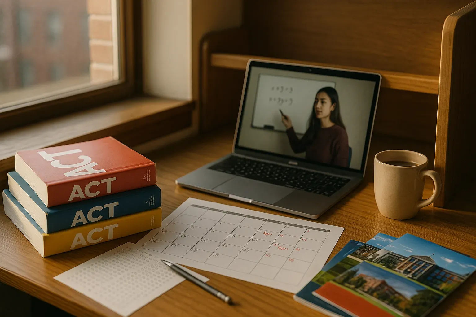 Desk with ACT prep books, online class on laptop, calendar with test dates.