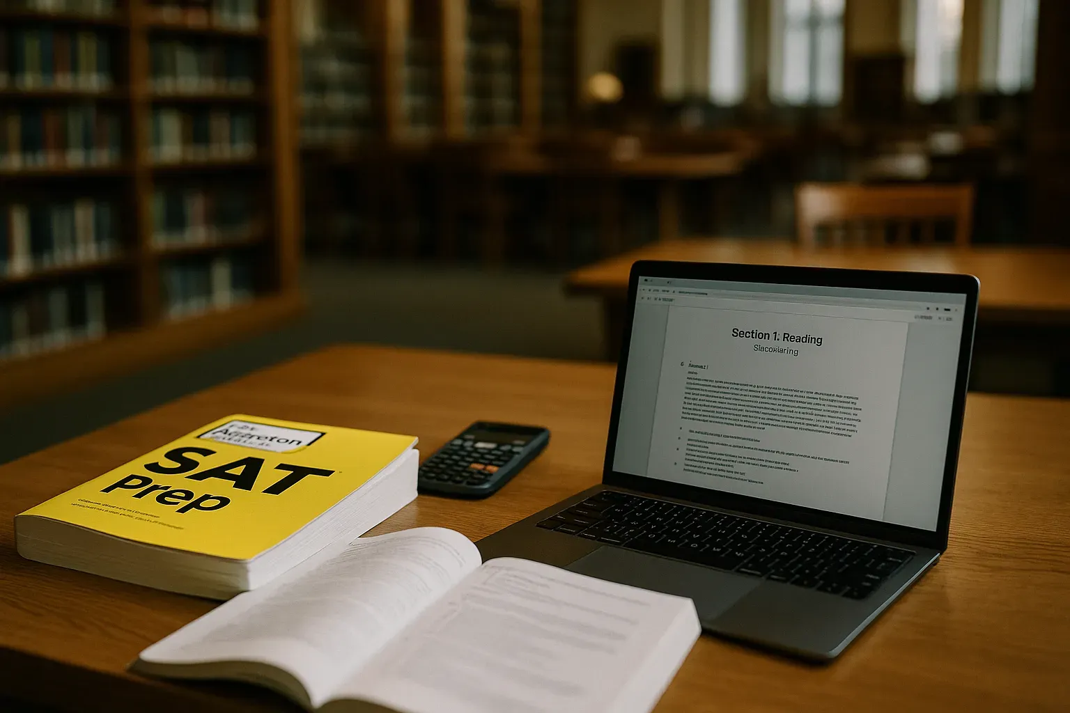 Student desk with Princeton Review SAT prep materials and a laptop.