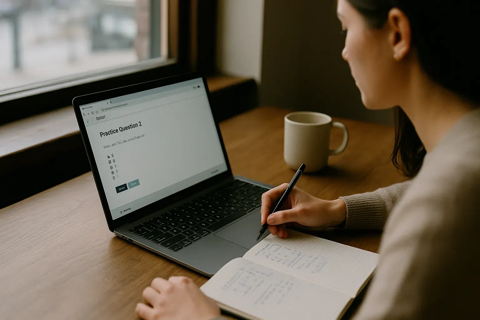 Laptop displaying GMAT questions with study notes nearby