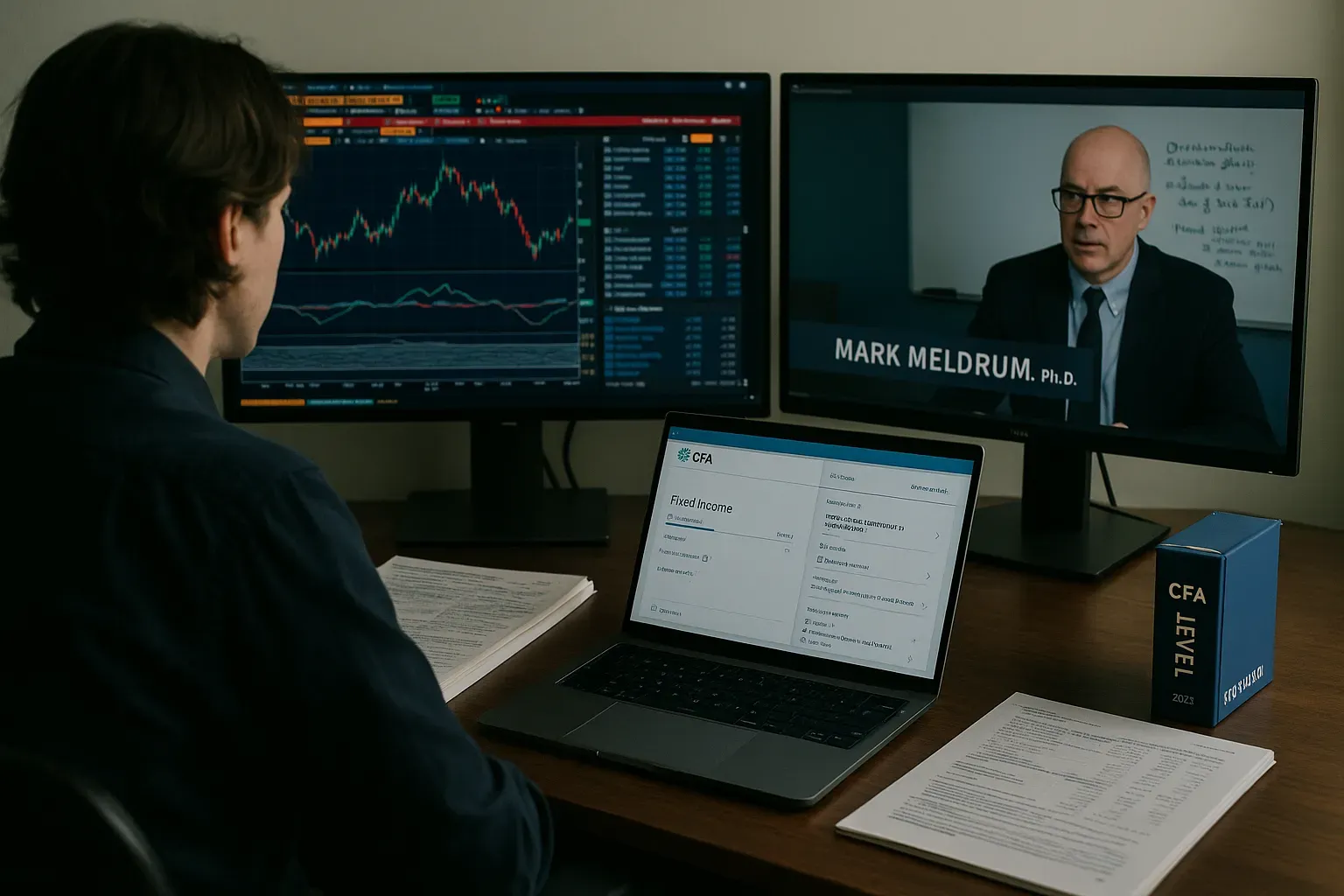 Laptop displaying CFA study interface with Kaplan Schweser and Mark Meldrum study materials on a desk.