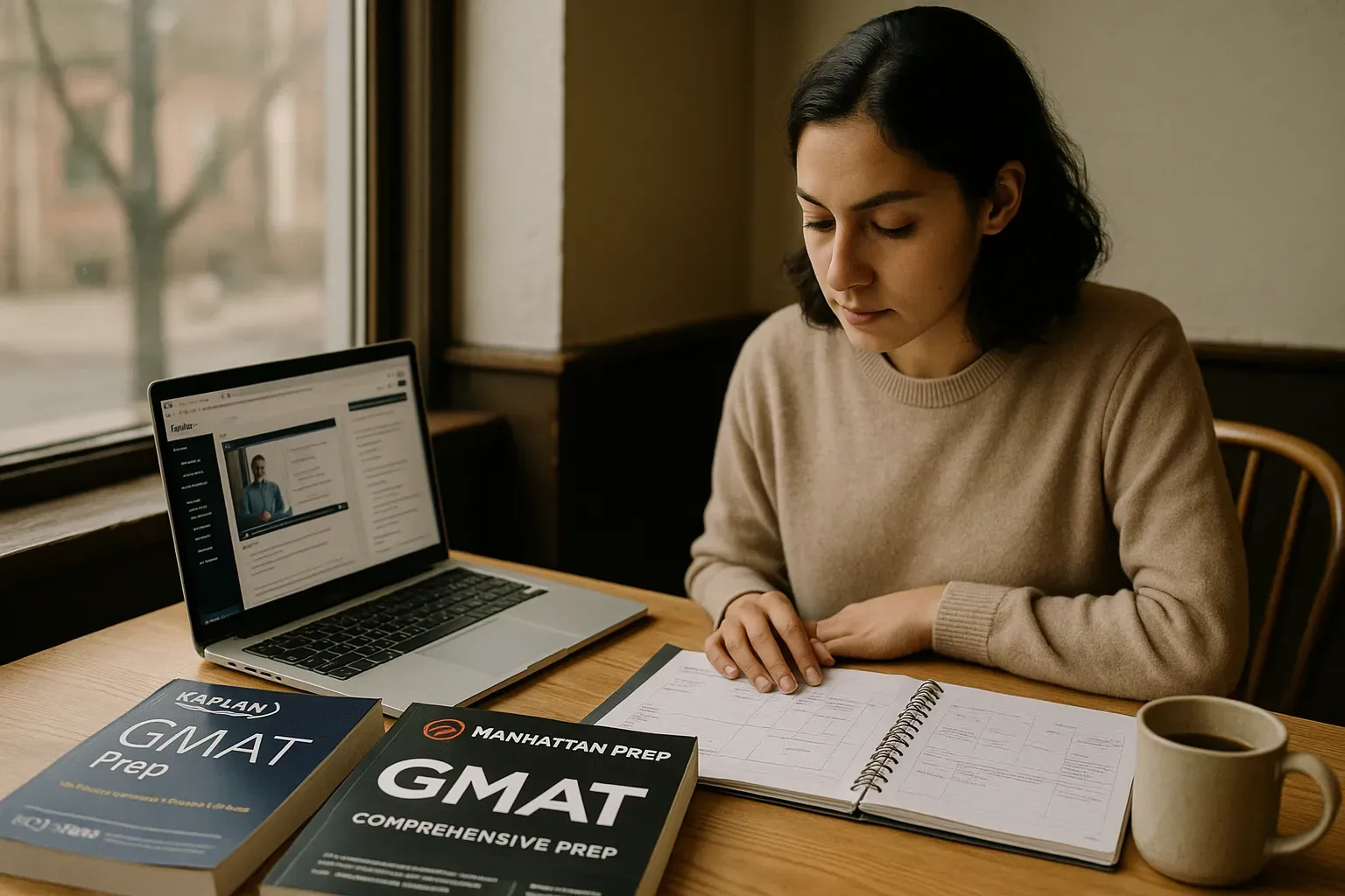 Comparison of Kaplan and Manhattan Prep GMAT materials on a table with a laptop and printed study guides.