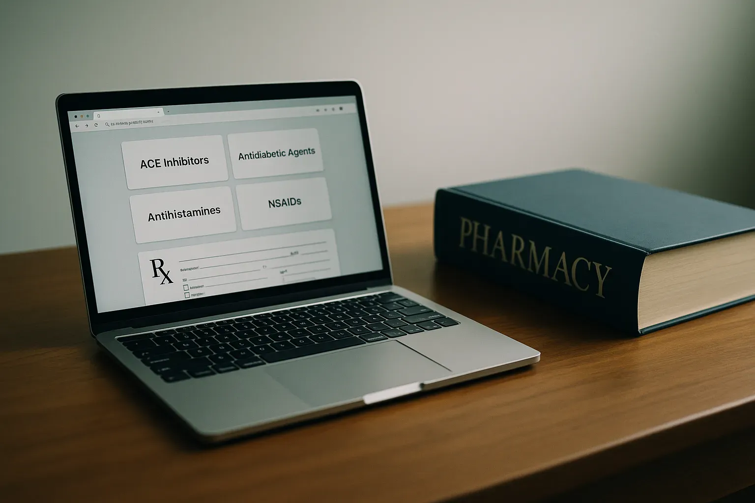 Laptop showing online pharmacy course with thick pharmacy textbook on desk