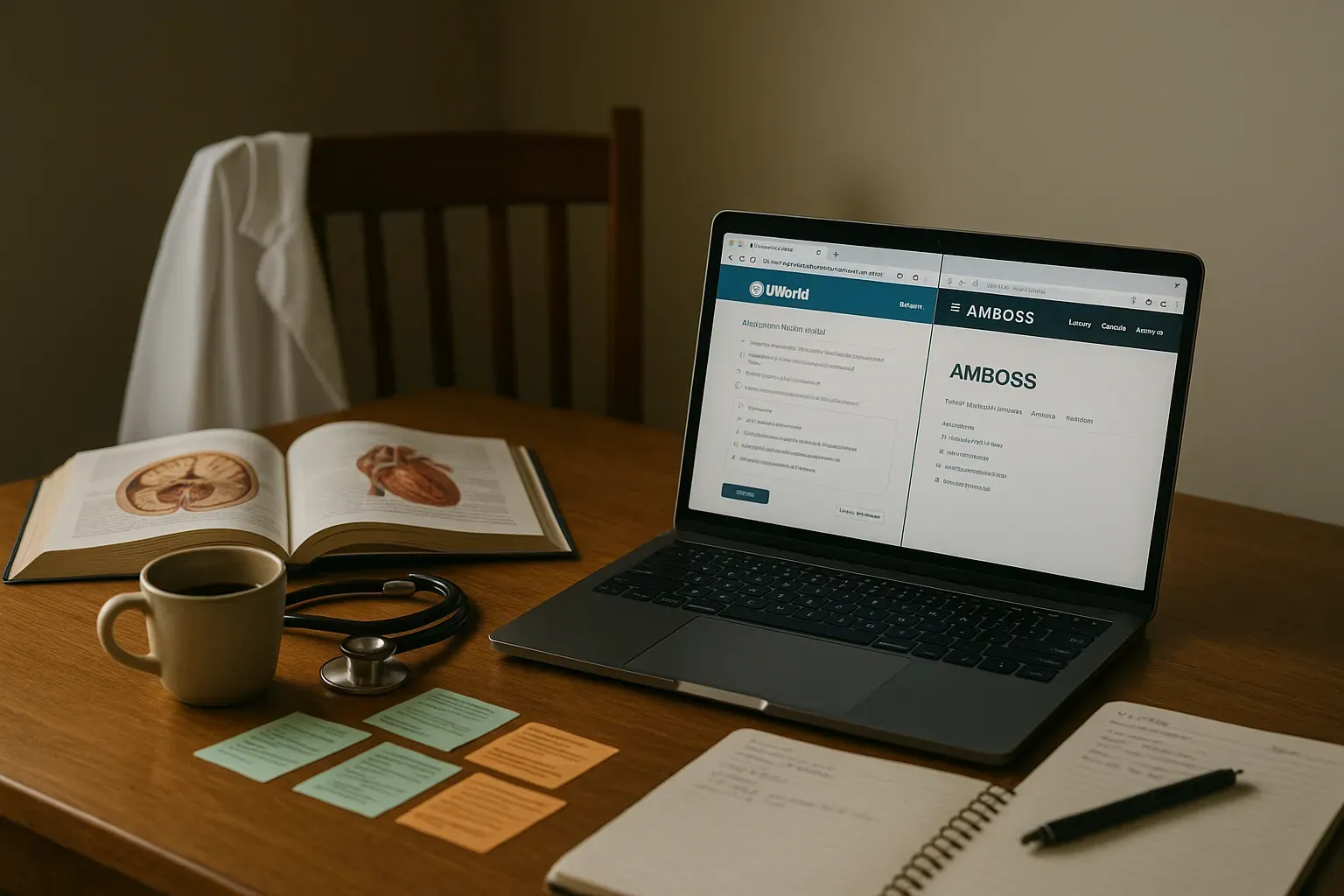 Laptop showing UWorld and AMBOSS USMLE prep side-by-side with study materials.