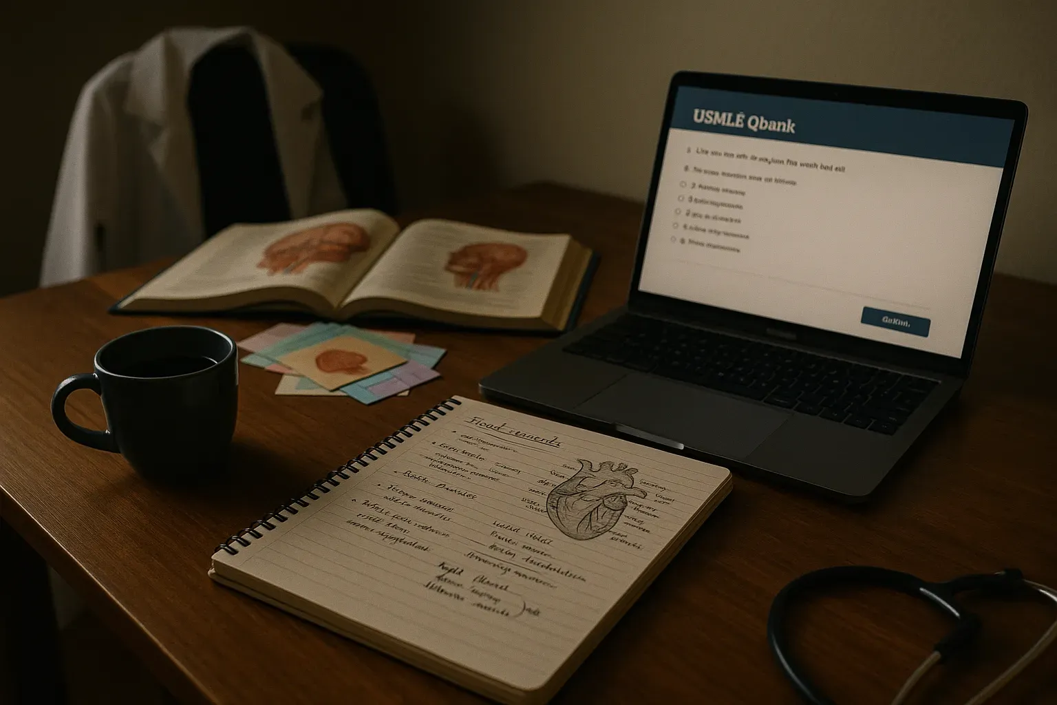 Spiral notebook, USMLE Qbank display on laptop, coffee cup on desk