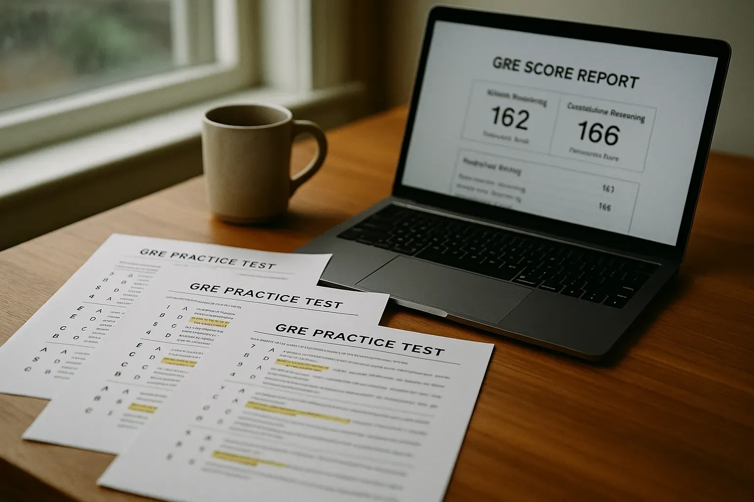 GRE practice tests and score reports on a desk with a laptop.
