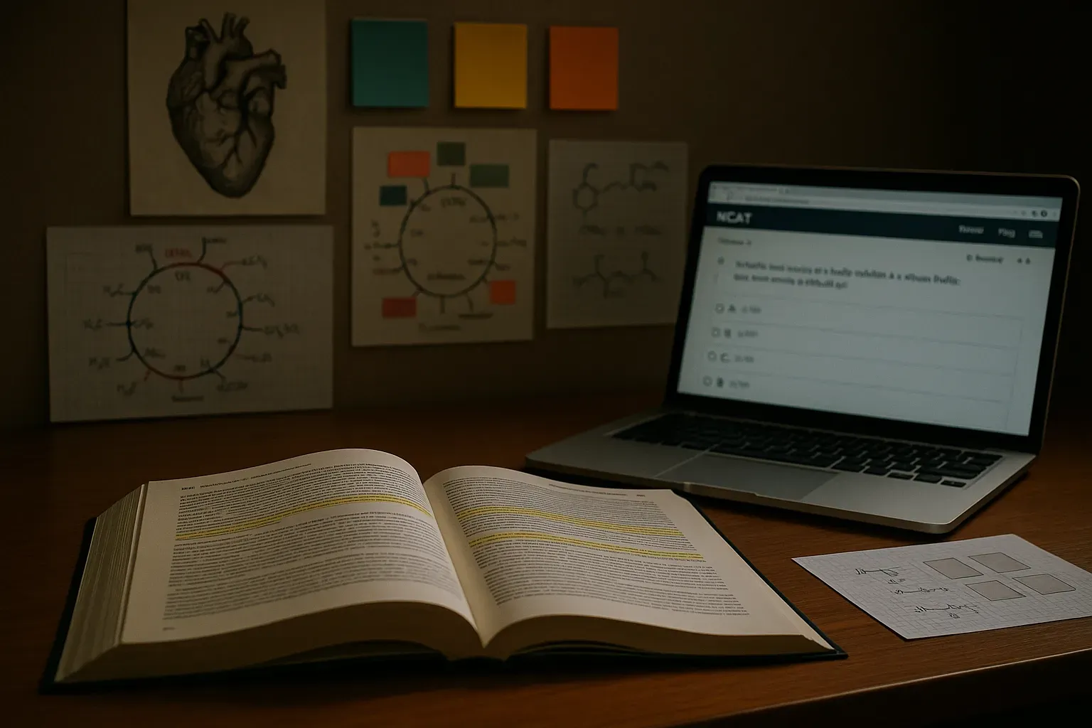 MCAT prep book and laptop with practice questions on a study desk