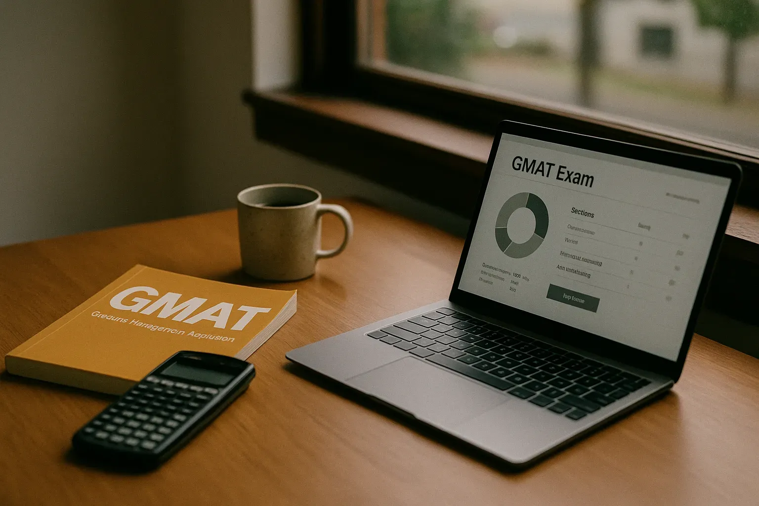 Desk with GMAT study materials and a laptop showing the exam dashboard