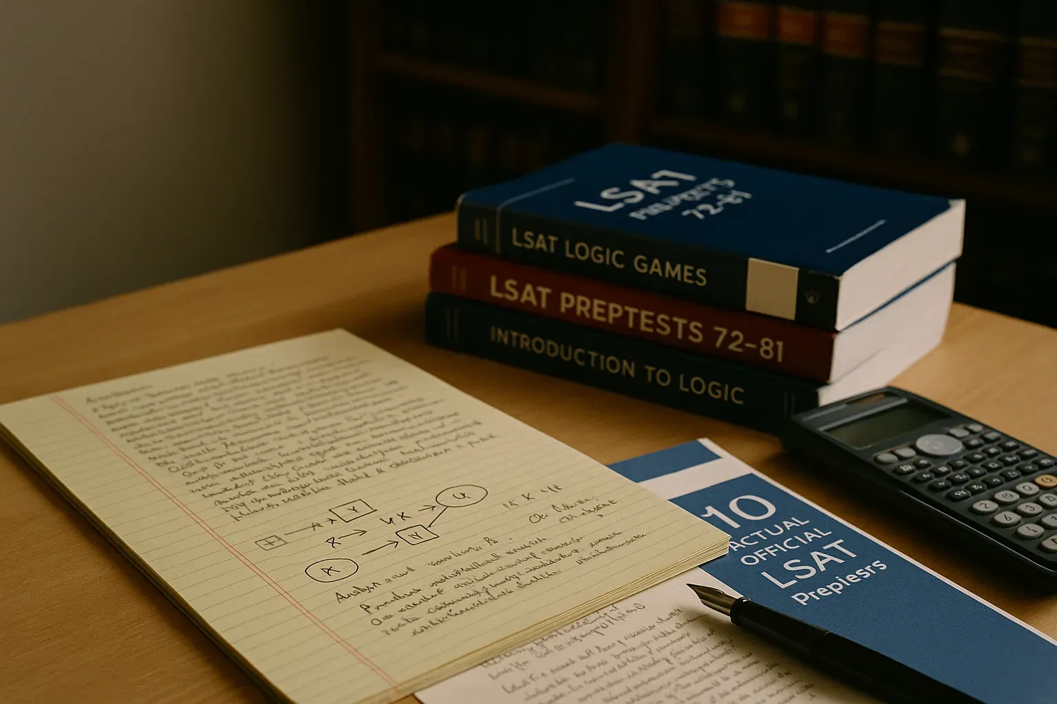 LSAT prep materials and calculator on a desk